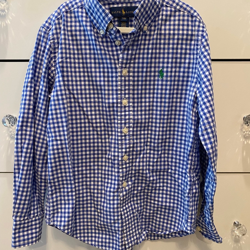 Ralph Lauren Blue and White Gingham Boy’s Button Down Shirt, Size S (8)